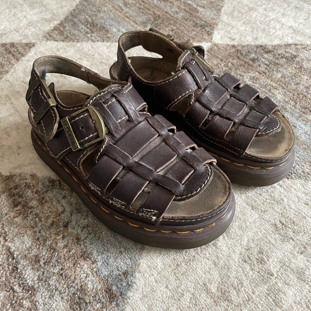 Dr. Martens Dark Brown Leather Fisherman Sandals with Yellow Welt Stitching